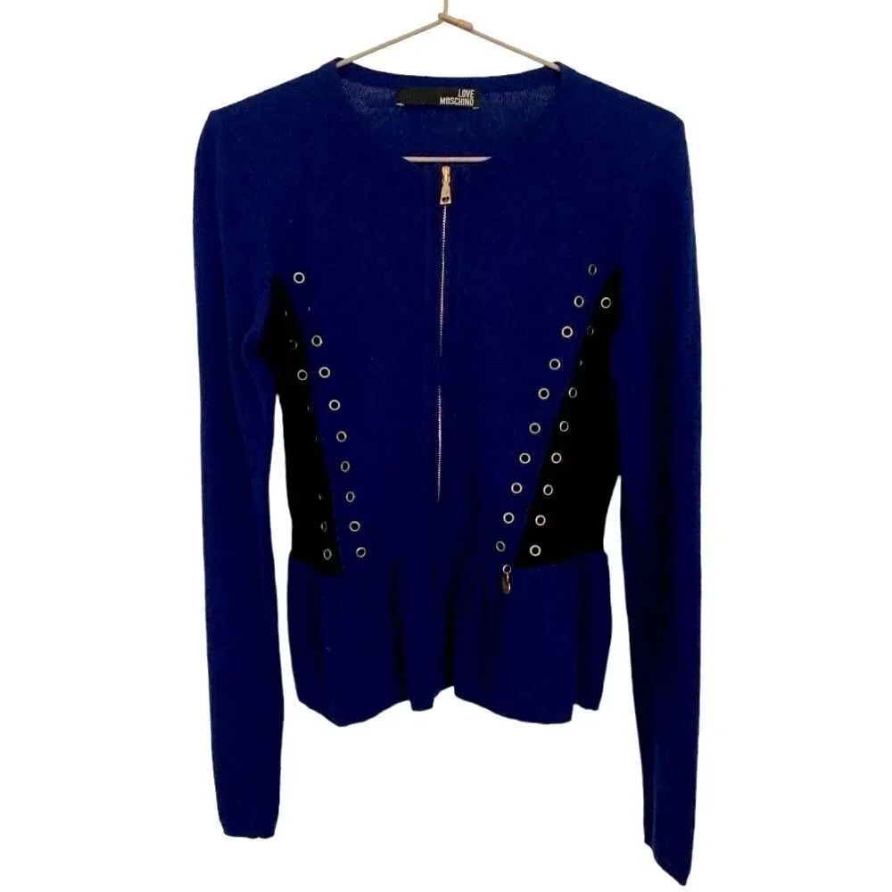 Love Moschino blue black peplum wool zipper sweater, like new